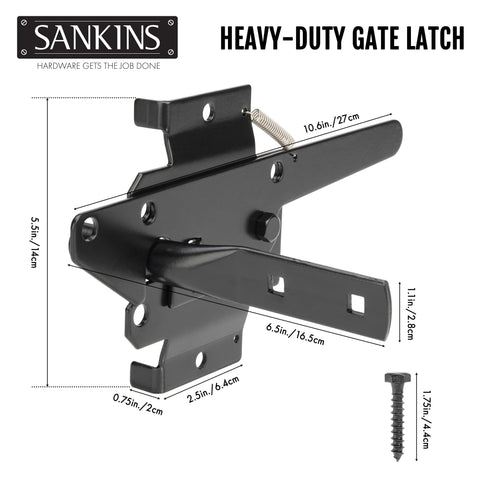Beefy Self Locking Gate Latch for Wood and PVC Fences, heavy-duty latch with gravity release shown with dimensions and screw