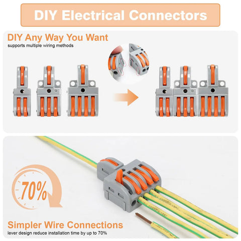 Lever Push-In Wire Connector Kit, 40-Piece Compact Splicing Set for DIY Wiring showing various splicing configurations and connections.
