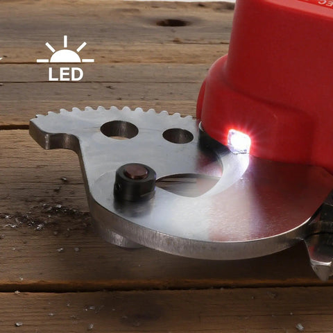 Crafthydro 21V Cordless Battery Electric Ratcheting Cable Cutter Heavy Duty Tool cutting edge with LED light feature.
