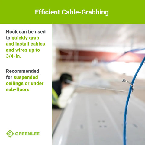Close-up of hook on collapsible three foot cable grabbing and reaching fish pole for easy wire pulling and cable installation.