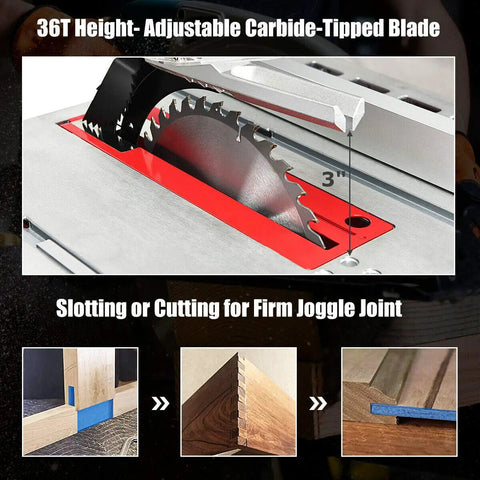 36T blade on 10 Inch Table Saw Electric Cutting Machine With Aluminum Tabletop And Woodworking Stand 15 Amp Motor Delivers 5000 RPM Heavy Duty Portable Saw For Precise Cuts And Guarded Safety.