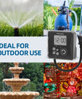 Heavy Duty Outdoor Pool Timer with Rotating Dial and 6 Easy Programs Waterproof Design  displaying watering, pump, and fountain use.
