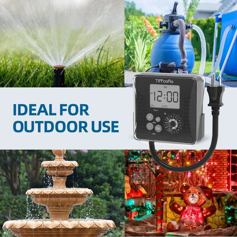 Heavy Duty Outdoor Pool Timer with Rotating Dial and 6 Easy Programs Waterproof Design  displaying watering, pump, and fountain use.