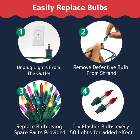 Instructions for replacing bulbs in Outdoor Christmas String Lights With Green Wire 100 Count 20 Ft Multicolor Incandescent