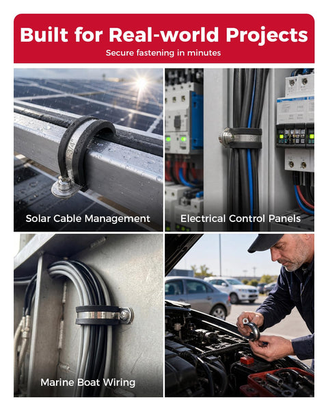 All In One 220 Piece Rubber Cushioned Cable Clamp Kit With 60 P Clamps in use for solar, electrical, marine, and automotive wiring.