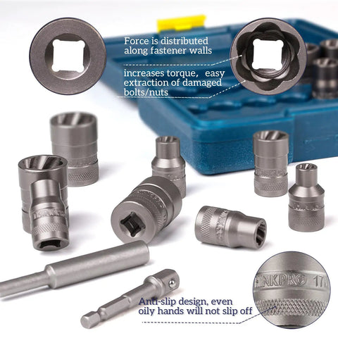 Beefed Up 15 Piece Bolt Extractor Kit For Damaged Stripped Rusted Bolts And Nuts Remover With Impact Socket Set SAE And Metric