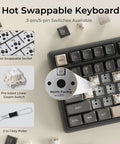 NinetySix Wired Mechanical Keyboard With GasketFrame HotSwappable PreLubed Linear Switches Mda Pbt Keycaps showcasing hot swappable design and key components.