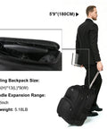 Rolling Laptop Backpack With Wheels 17 Inch Water Resistant Carry On Luggage for Business Travel and Overnight use, shown being used by a man