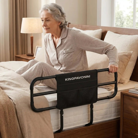 Senior using Extendable Bed Rail With Storage Bag And Tool Free Setup For Seniors And Recovery Patients 350 lb Capacity