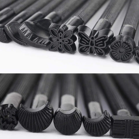 Close-up of 20 Piece Leather Stamping Tools Set With Various Shape Stamps For Saddle Making Carving And Craft DIY Projects Great For Beginners And Pros Durable Stainless Steel Craft Tools Ideal For Leather Hobbyists And Professionals Alike