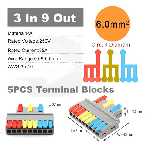 3 In 9 Out Quick Lever Push In Electrical Wire Terminal Block Five Pack For Surface Wiring And Inline Circuits