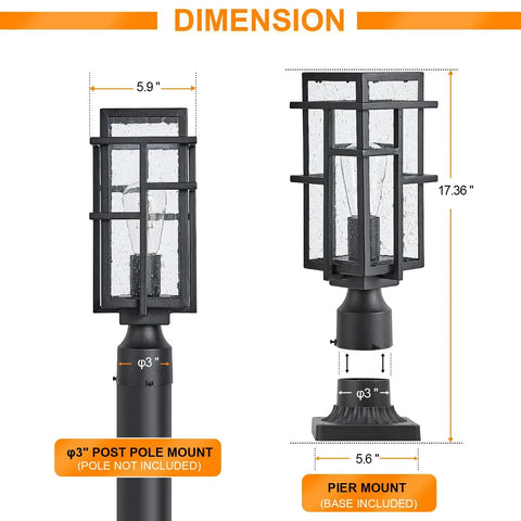 Dimensions of Outdoor Dusk To Dawn Post Light Set In Matte Black With Clear Glass Panels showing height and base size.