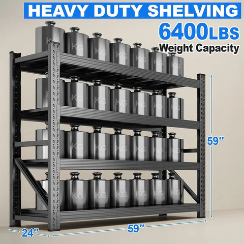 Legit Heavy Duty 4 Tier Steel Shelving Rack 59 By 59 Inches Built To Handle 6400 Pounds For Garage Storage displaying weights on four shelves.