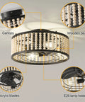 Beaded Caged Ceiling Fan With Lights And Remote 19 Inch Flush Mount Black Finish Bead Trim Design 6 Speeds Reversible Motor Bulbs Included Modern Farmhouse Style with wooden beads, canopy, acrylic blades, and E26 lamp holder