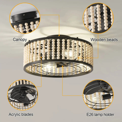 Beaded Caged Ceiling Fan With Lights And Remote 19 Inch Flush Mount Black Finish Bead Trim Design 6 Speeds Reversible Motor Bulbs Included Modern Farmhouse Style with wooden beads, canopy, acrylic blades, and E26 lamp holder