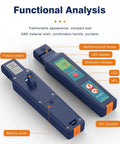 Two blue Optical Fiber Traffic Live Identifier devices with LED display and VFL indicators, front and back views.
