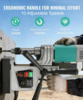1550W Magnetic Drill Press 2 Inch Boring Diameter Reversible Direction Power Tool Featuring Copper Motor For Heavy Duty Drilling And Tapping Applications With Included Coring Bits And Twist Drills on metal surface.