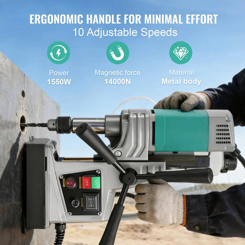 1550W Magnetic Drill Press 2 Inch Boring Diameter Reversible Direction Power Tool Featuring Copper Motor For Heavy Duty Drilling And Tapping Applications With Included Coring Bits And Twist Drills on metal surface.