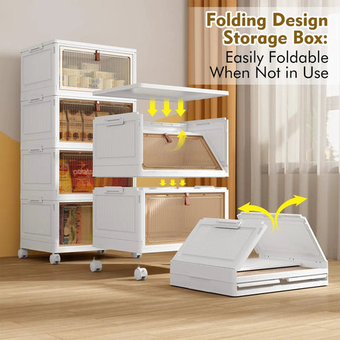 Four Tier Foldable Plastic Drawer Storage with Wheels, Stackable Bins with Lids for Kitchen, Closet, Dorm, Office, Living Room and Bathroom