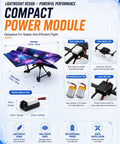 Diagram of Power Up RC Paper Airplane Kit with gyro stabilizer, twin propellers, and motorized module, featuring constellation design.
