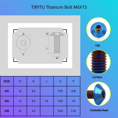 Badass Lightweight Titanium Bolts M6x15 Umbrella Head Star Drive Burnt Blue diagram with dimensions and specifications.