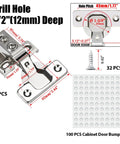 Product image showing installation dimensions and components of 8 Pack One Half Inch Overlay Soft Close Cabinet Hinges For Kitchen Cabinets Hidden Stainless Steel Concealed Door Hardware Self Closing With One Hundred Five Degree Opening Six Way Adjustable No Brainer Upgrade Forty Five Millimeter Cup Distance.