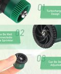 Close-up of 16 Pack Adjustable Arc Sprinkler Nozzles with green and black colors, showcasing 0 to 360 degree adjustment.