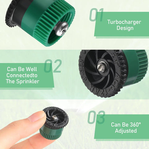 Close-up of 16 Pack Adjustable Arc Sprinkler Nozzles with green and black colors, showcasing 0 to 360 degree adjustment.