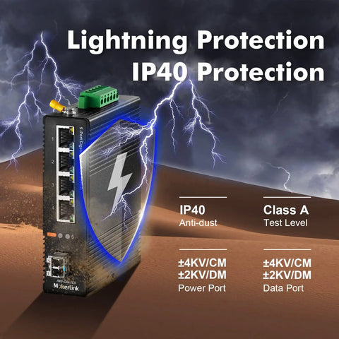 Industrial 8 Port Gigabit DIN Rail Ethernet Switch With 2 SFP Ports And 20 KM LC SMF Fiber Module IP40 Rated showing lightning protection