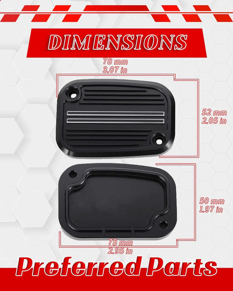 Knight Black Motorcycle Brake And Clutch Fluid Reservoir Covers Caps Fit Electra Glide, Road King dimensions shown