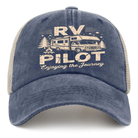 Road Trip Ready RV Pilot Hat For Camper Fans And Travel Junkies with RV graphic and slogan 'Enjoying the Journey', denim blue color