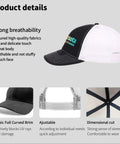Lightweight Mens Trucker Cap With Adjustable Buckle, Cool Plain Hat For Everyday Wear, One Size Fits Most, Breathable Construction, Classic Baseball Style, side view showing black brim and white mesh back.