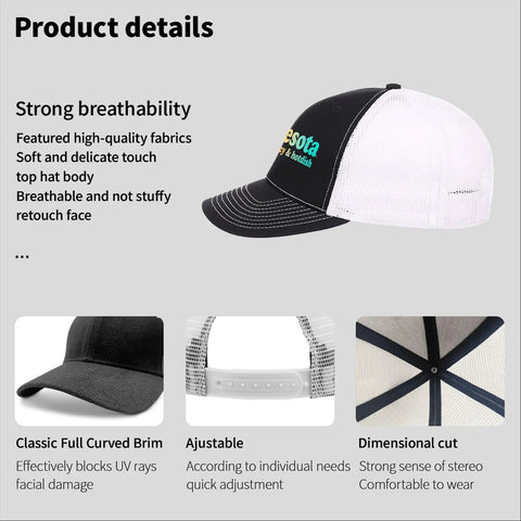 Lightweight Mens Trucker Cap With Adjustable Buckle, Cool Plain Hat For Everyday Wear, One Size Fits Most, Breathable Construction, Classic Baseball Style, side view showing black brim and white mesh back.