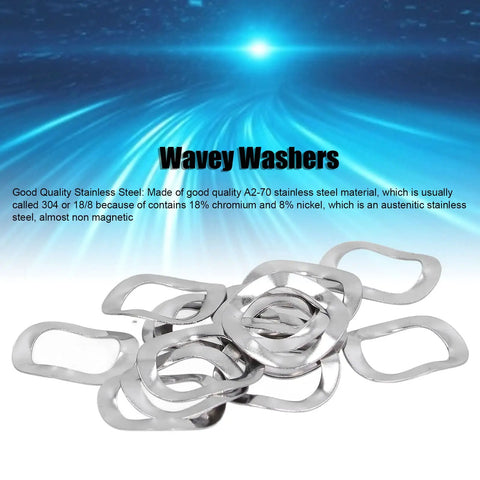 Crinkle Wave Washers Kit 100 Pcs A2 Stainless Steel Heavy Duty Pro Grade Fasteners For Automotive DIY And Construction Projects To Prevent Bolt Slippage And Evenly Distribute Pressure During Installations, A2 stainless steel wave washers shown