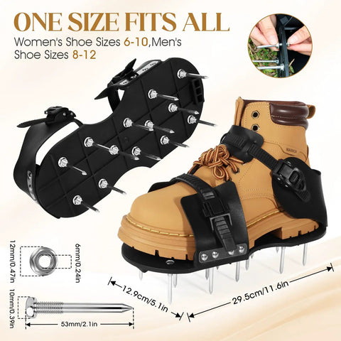 Lawn Aerator Shoes With 5mm Metal Base And Adjustable Straps For Grass, Spike Shoes Tool For Lawn Care shown with measurements