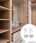 Clear Plastic Shelf Clips 40 Or 50 Piece Set Self Locking Cabinet Support Pegs in wooden shelves with inset image of clips