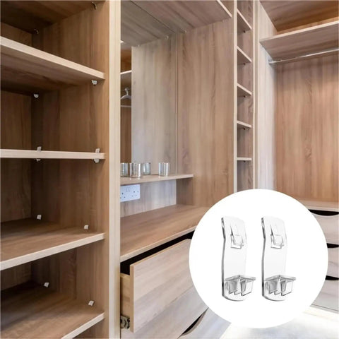 Clear Plastic Shelf Clips 40 Or 50 Piece Set Self Locking Cabinet Support Pegs in wooden shelves with inset image of clips