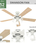 52 Inch Indoor Ceiling Fan With LED Lights Fresh White, Pull Chain, 5 Blades, Standard Mount For Bedroom Living Room Kitchen