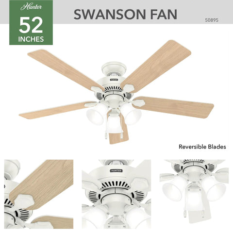 52 Inch Indoor Ceiling Fan With LED Lights Fresh White, Pull Chain, 5 Blades, Standard Mount For Bedroom Living Room Kitchen