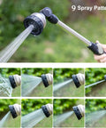 16 Inch Metal Watering Wand With 9 Spray Patterns in action, showing different spray modes, durable aluminum core, black handle.