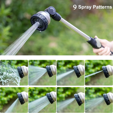 16 Inch Metal Watering Wand With 9 Spray Patterns in action, showing different spray modes, durable aluminum core, black handle.