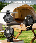 3-in-1 strong clamp clip on fan for golf cart with 150 hours battery life, portable rechargeable fan on table and bar