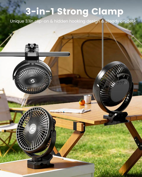 3-in-1 strong clamp clip on fan for golf cart with 150 hours battery life, portable rechargeable fan on table and bar