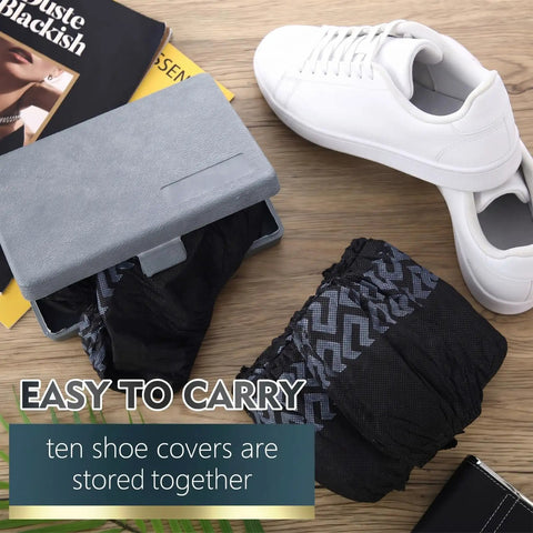 300 Pack Disposable Shoe Covers Non Slip Heavy Duty Black Booties For Indoors And Contractors with storage box and white shoes