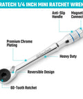 One Quarter Inch T-Handle Ratchet Set With Hex Bit Extender And Adapter, silver mini ratchet wrench with chrome finish, side view