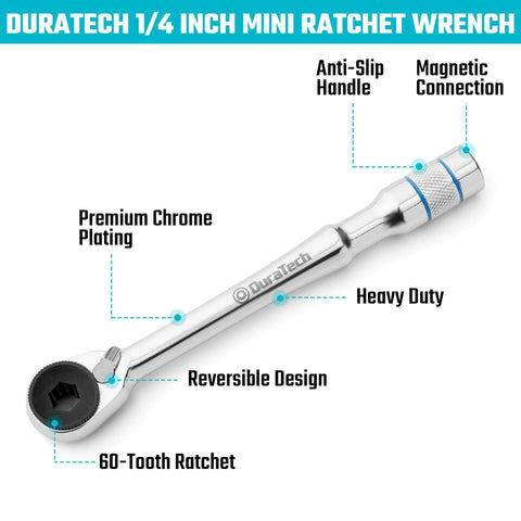 One Quarter Inch T-Handle Ratchet Set With Hex Bit Extender And Adapter, silver mini ratchet wrench with chrome finish, side view
