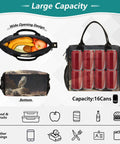 Insulated Lunch Tote With Owl Desert Landscape Print For Women And Men, showing wide opening with fruits and can capacity