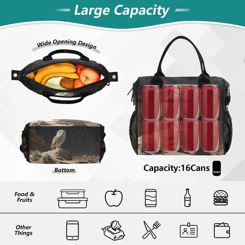 Insulated Lunch Tote With Owl Desert Landscape Print For Women And Men, showing wide opening with fruits and can capacity