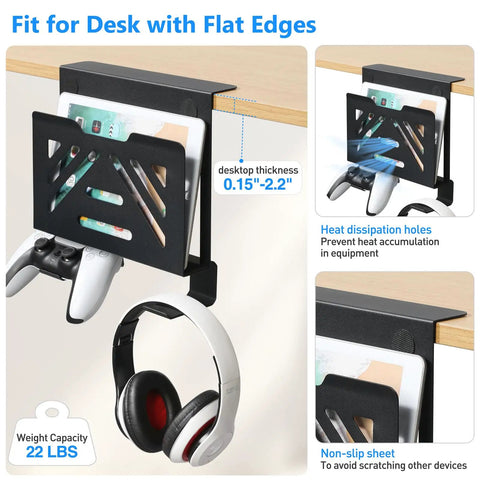 Under Desk Laptop Mount And Side Hanging File Organizer With No Drill Clamp On Cable Tray 2 Hooks, desk compatibility shown.