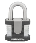 Front view of a 50mm laminated padlock with Boron steel shackle and solid steel body, part of a six pack, with weatherproof TPE cover.